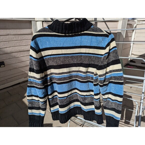Carolyn Taylor Size Small Baby Blue White And Black Striped Knit Zip Up Sweater - Picture 3 of 12
